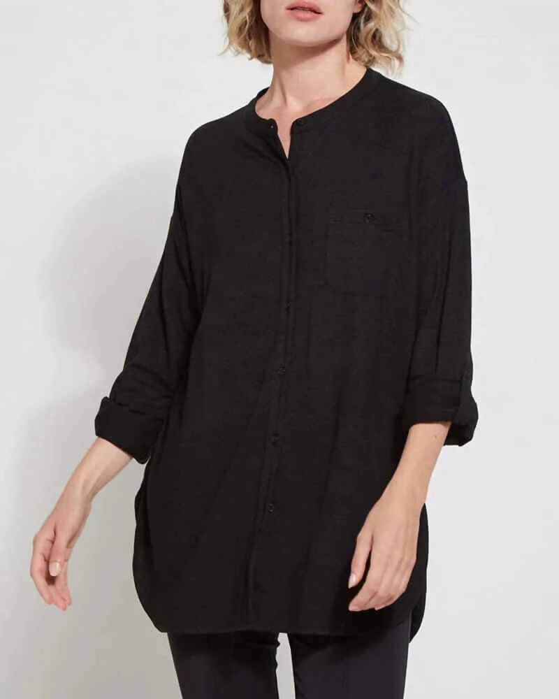 Front of a model wearing a size XL Linen Jersey in Black in Black by Lysse. | dia_product_style_image_id:327593